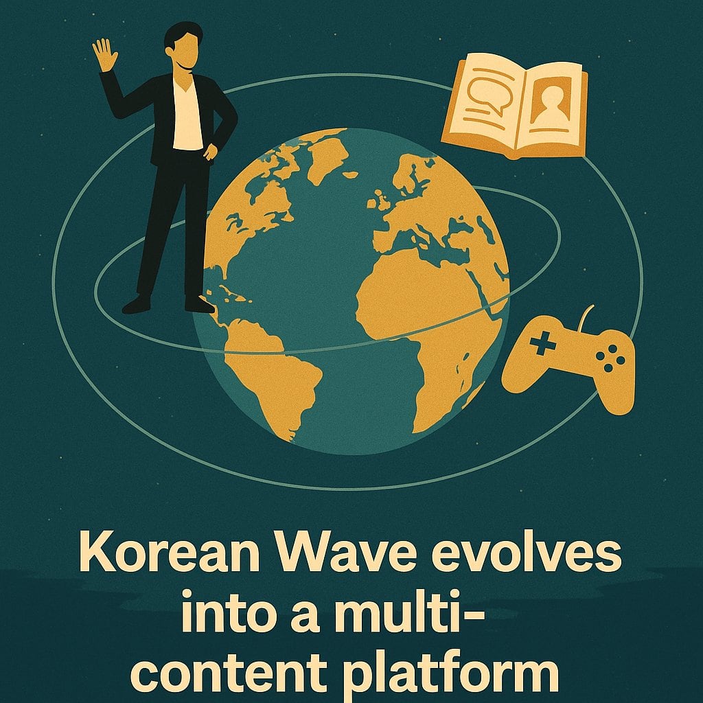 지구본 주위로 K-Pop·웹툰·드라마·게임 아이콘이 연결된 장면