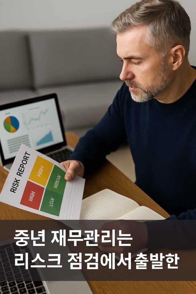 중년 남성이 차트와 노트북으로 재무 리스크를 점검하는 장면