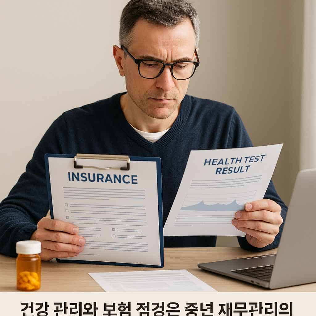 중년 남성이 보험 서류와 건강검진 결과를 검토하는 장면