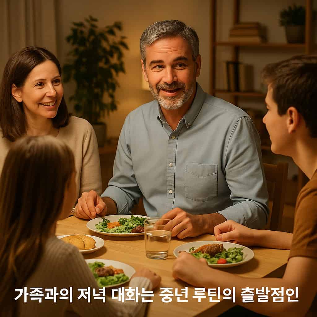 식탁에서 가족과 대화하는 중년 남성의 모습