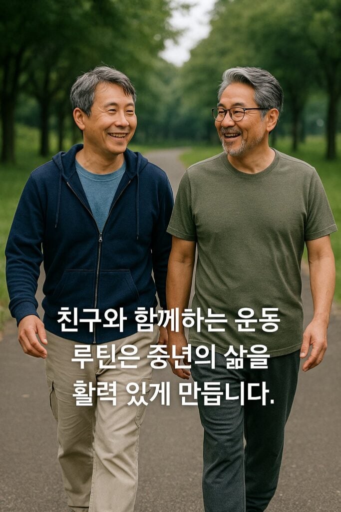 공원에서 함께 걷는 중년 아시아 남성 두 명의 모습