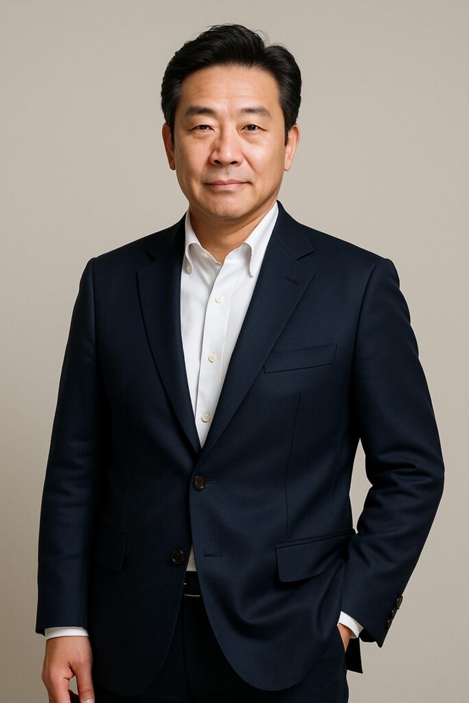 Middle-aged man wearing navy blazer and white shirt standing confidently