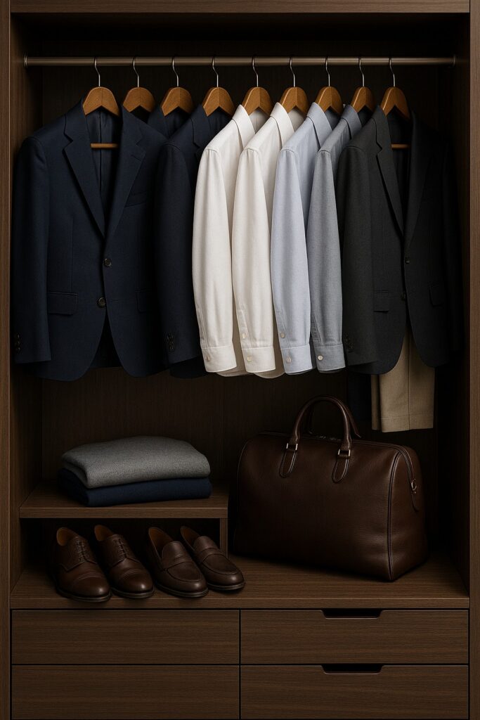 Well-organized wardrobe with premium men's clothing items for middle-aged gentlemen
