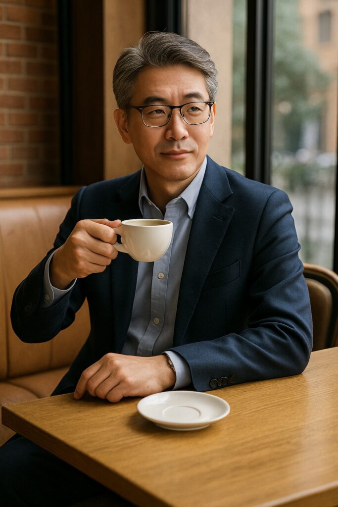Stylish middle-aged man enjoying coffee at a cafe with confident posture