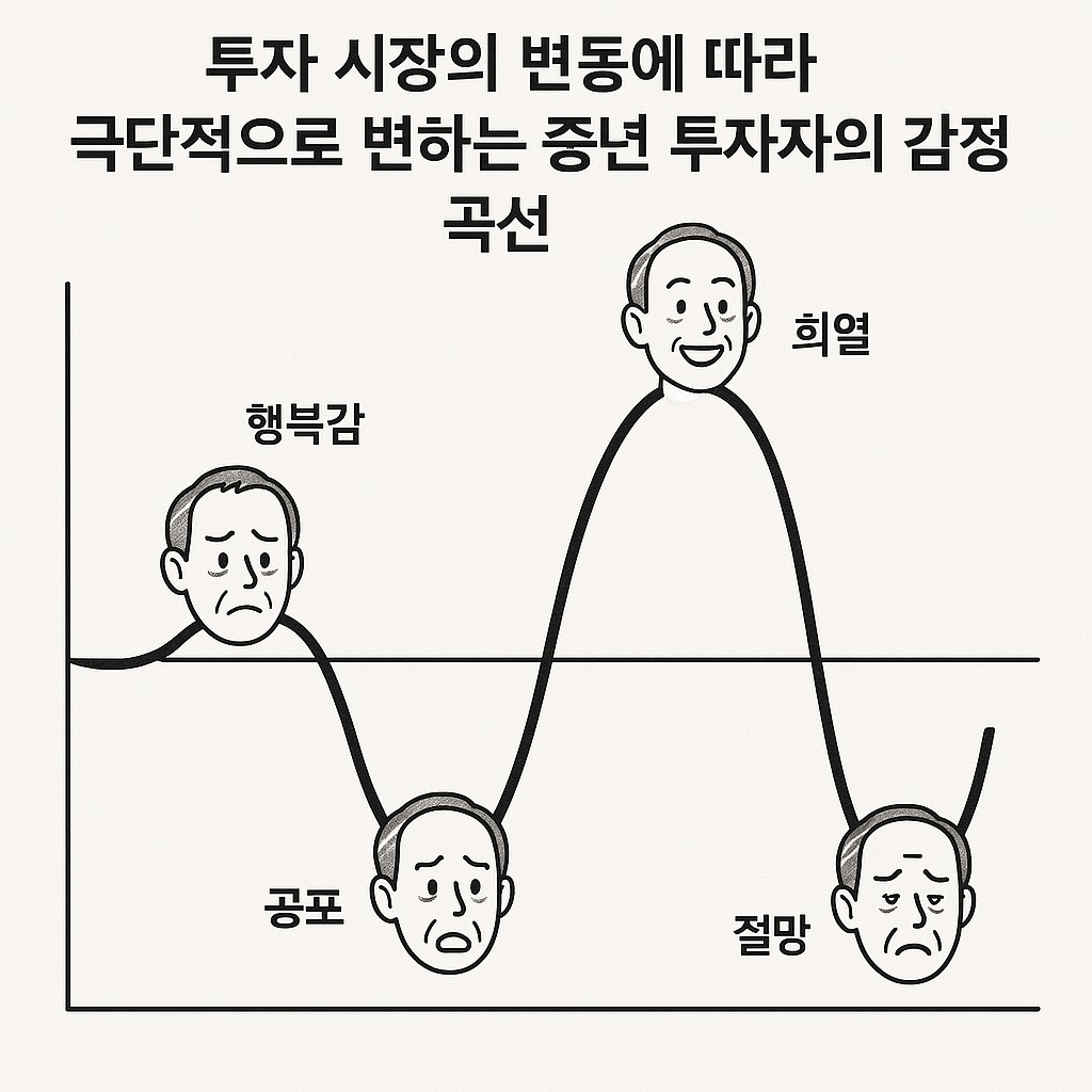 투자 심리의 롤러코스터를 타는 중년 투자자의 감정 변화 그래프