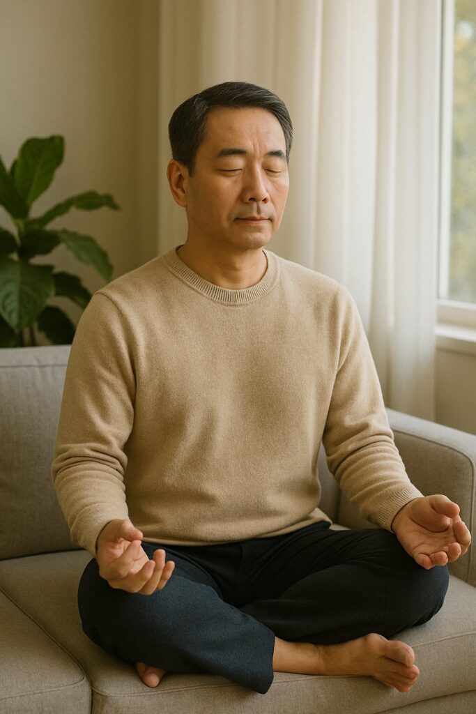 중년 남성 아침 명상 평온한 표정 자기개발